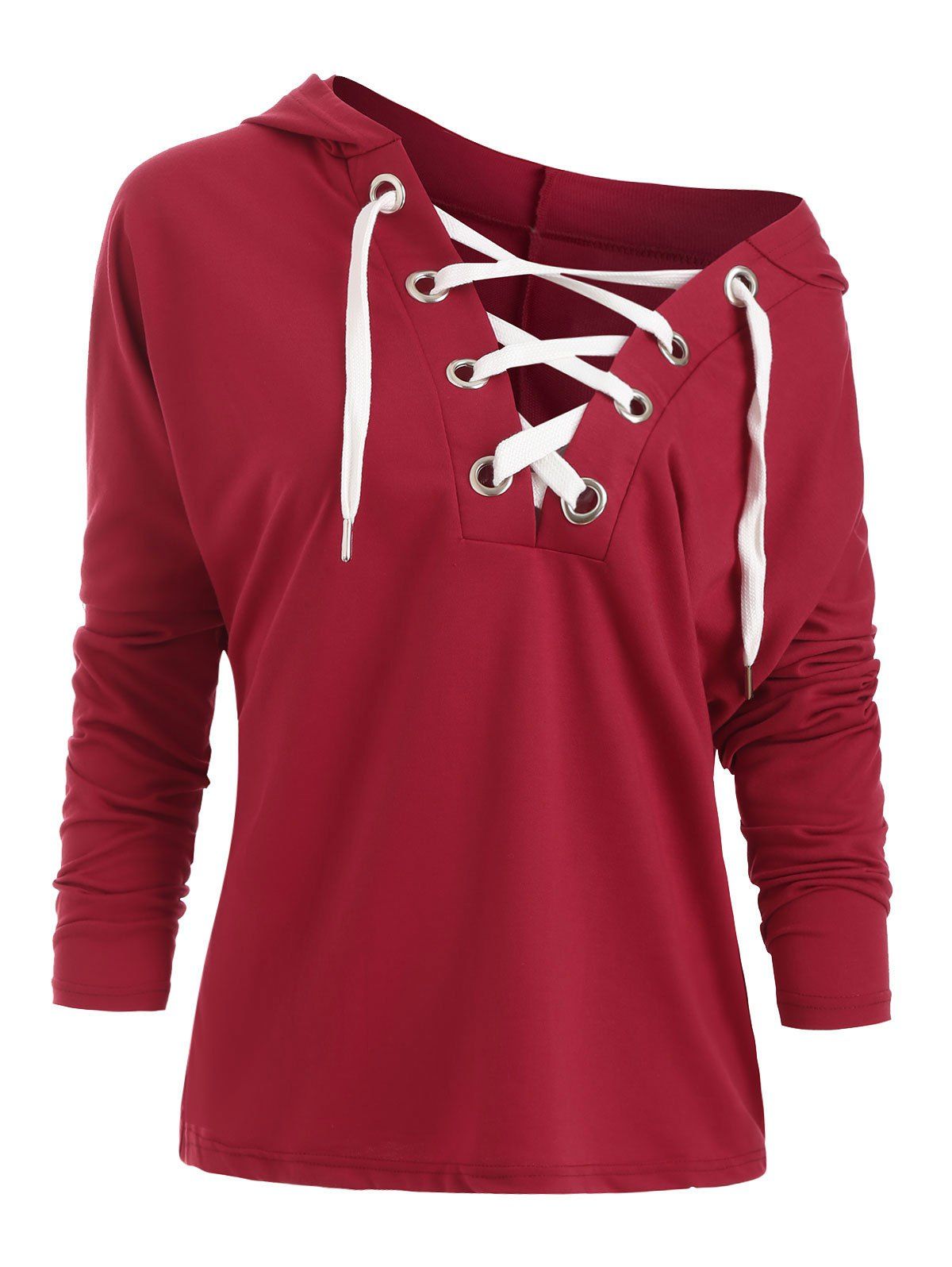 

Lace Up Drop Shoulder Casual Hoodie, Red wine