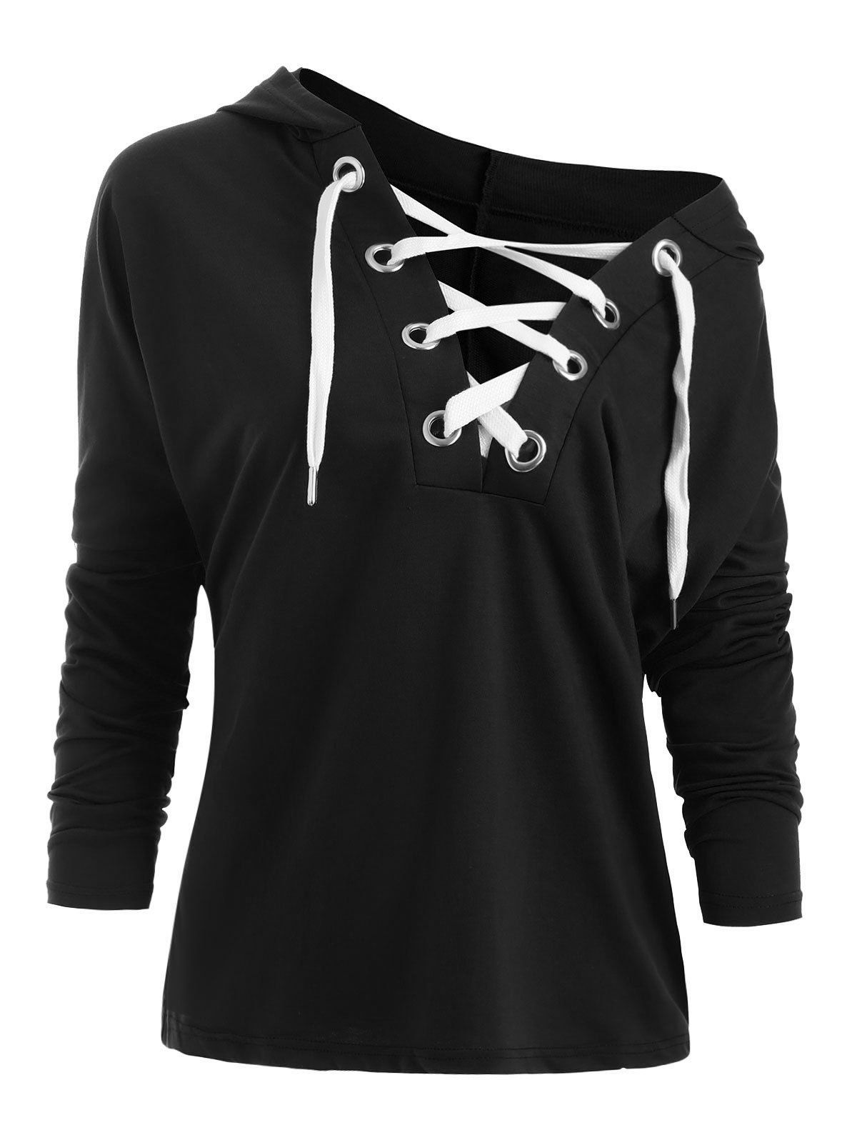 

Lace Up Drop Shoulder Casual Hoodie, Black