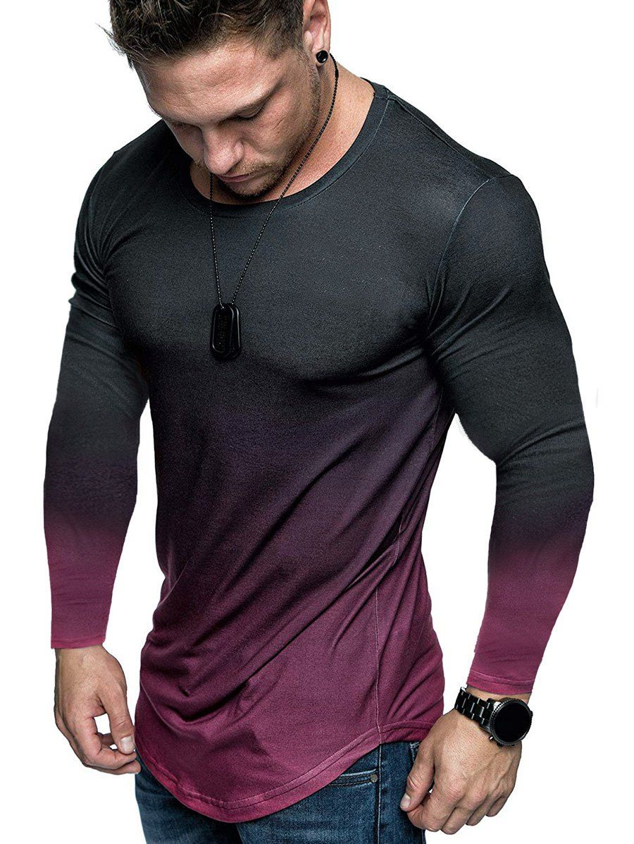 

Ombre Print Curved Hem Long Sleeve Tee, Red wine