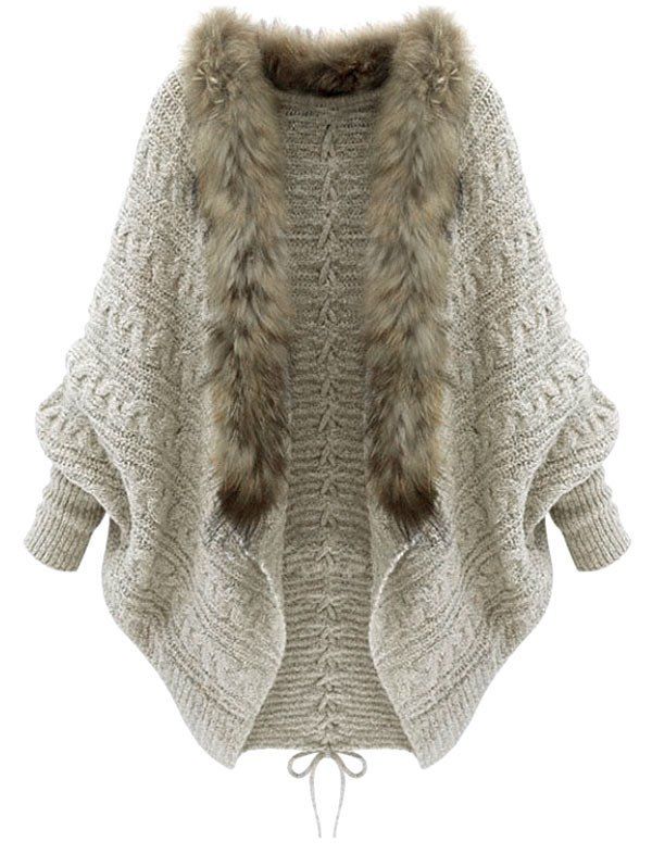 

Faux Fur Batwing Sleeve Open Front Cardigan, Light khaki