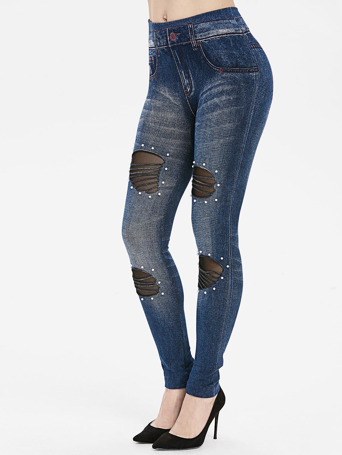 

High Rise Distressed Beading Embellished Jeggings, Blue