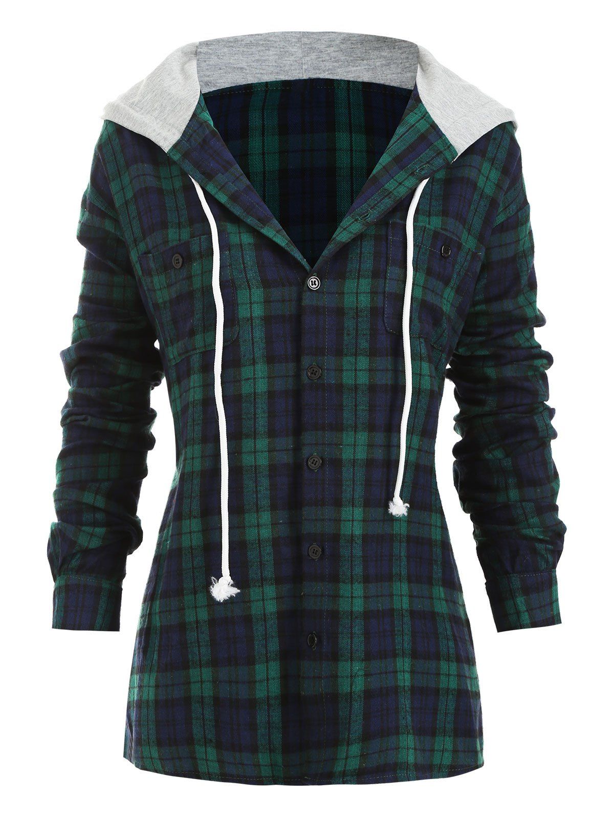 

Plaid Drawstring High Low Hooded Blouse, Green