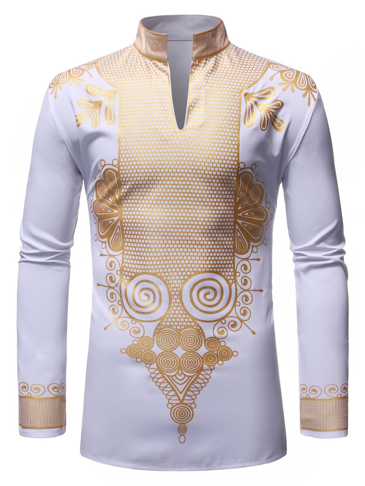 

African Style Stand Collar Long-sleeved Shirt, White