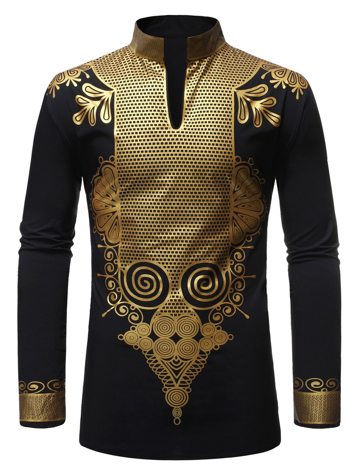 

African Style Stand Collar Long-sleeved Shirt, Black