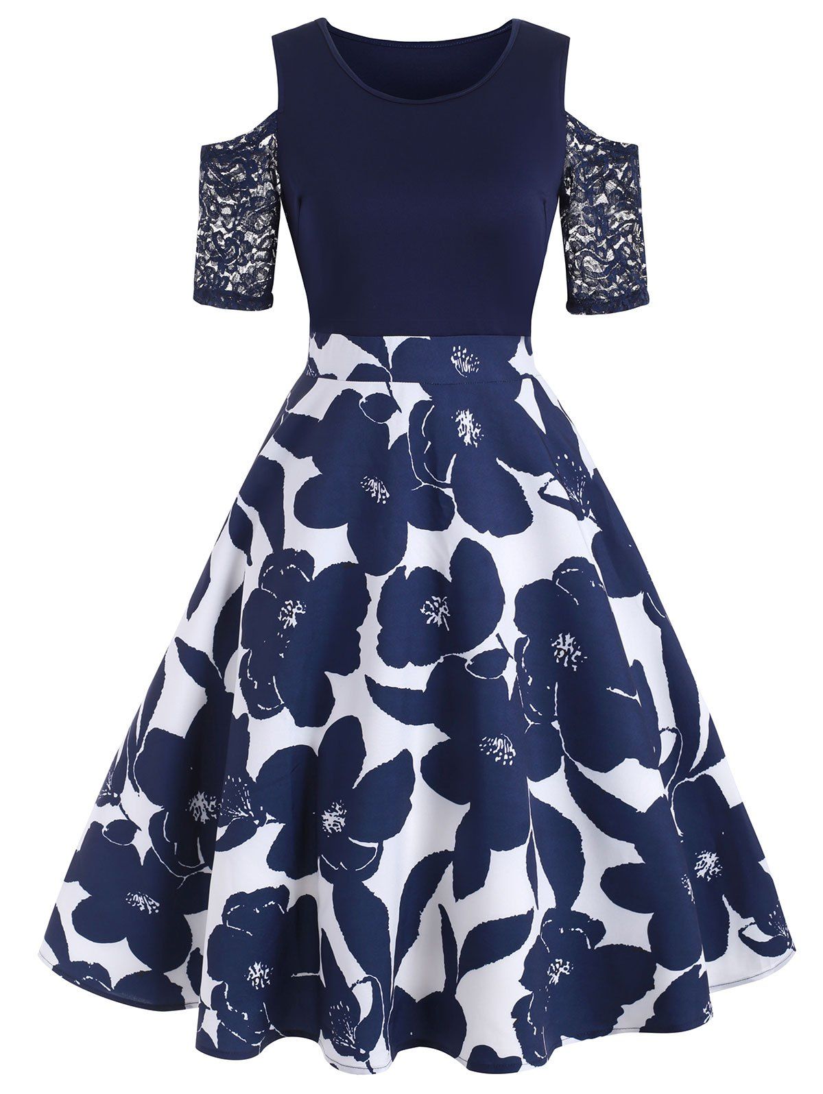 

Floral Lace Panel Cold Shoulder Dress, Midnight blue