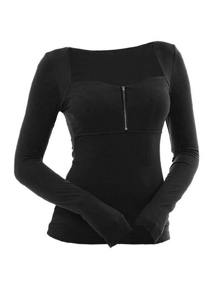 

Zip Front Sweetheart Long Sleeves Tee, Black