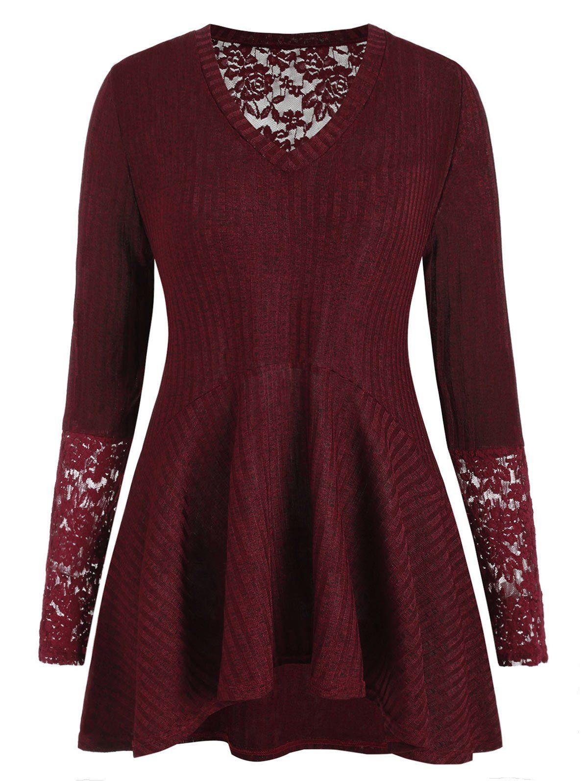 

Plus Size Lace Panel Ribbed Tunic Knitwear, Red wine