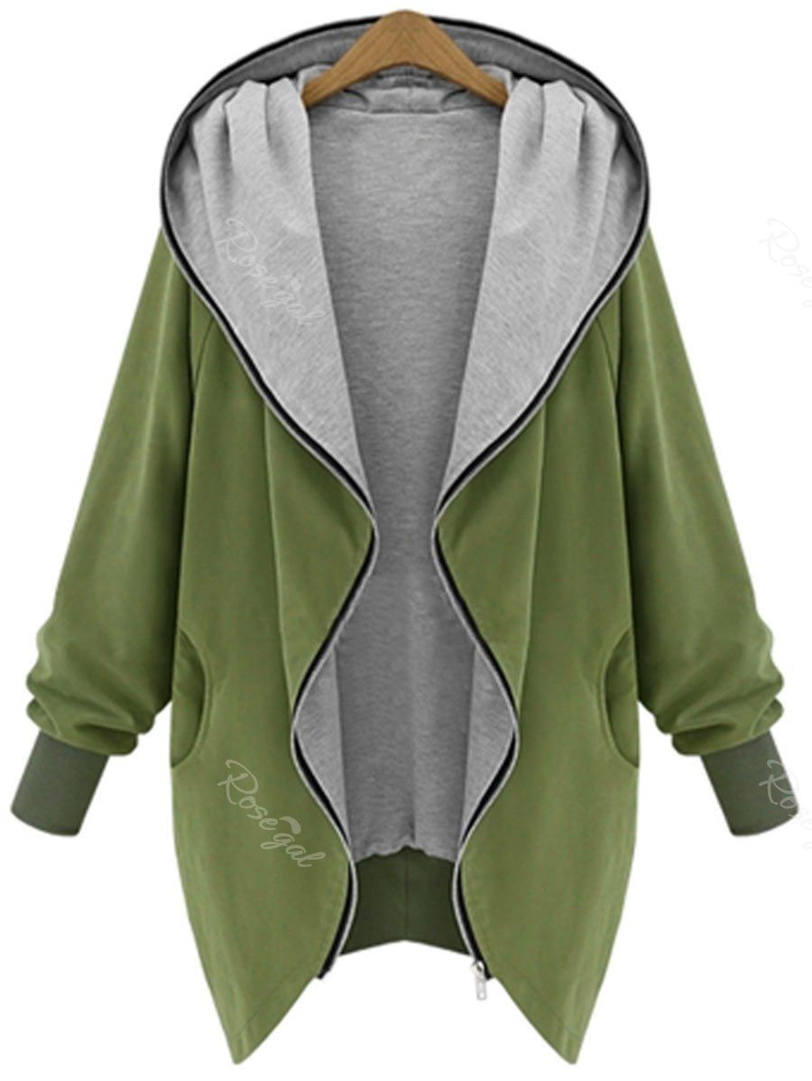 

Plus Size Two Tone Hooded Zipper Pocket Coat, Fern green