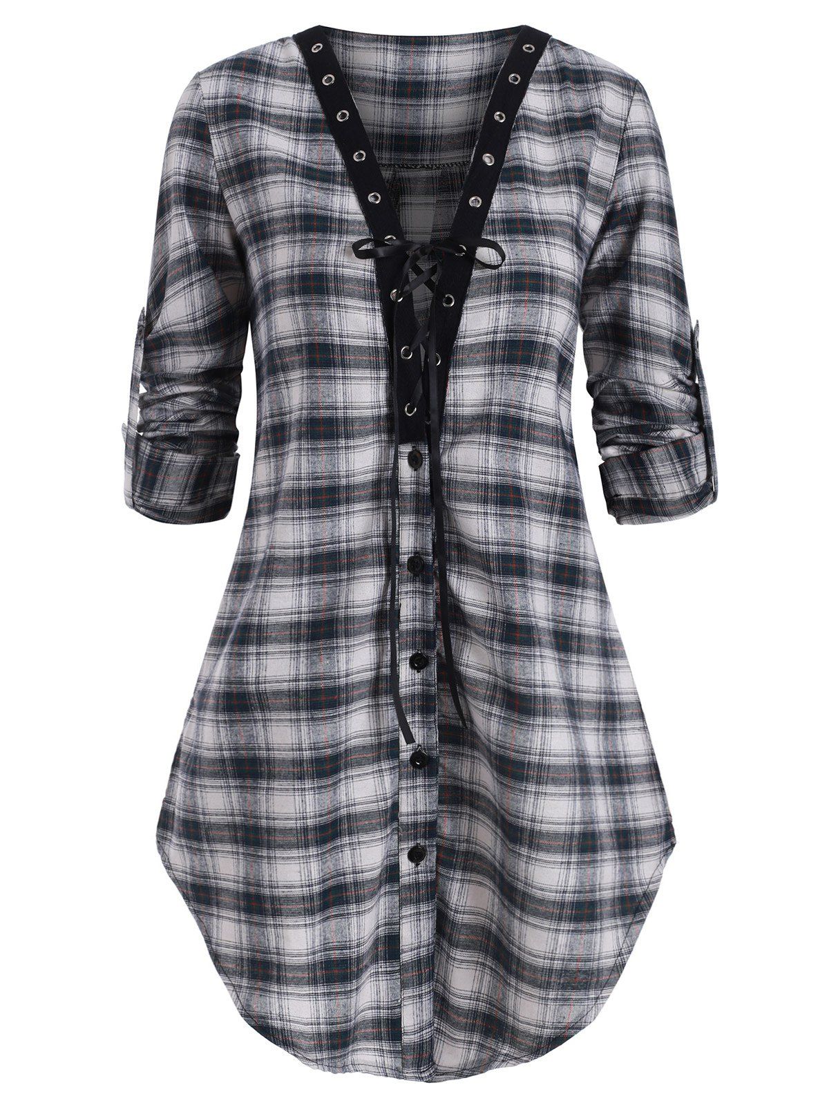 

Plaid Lace Up Slit Blouse, White