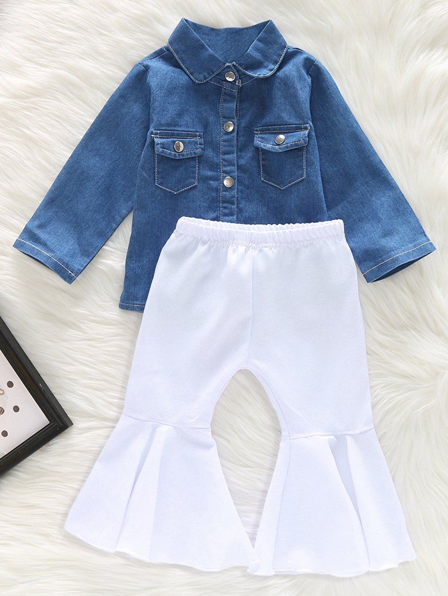 

Denim Shirt and Flared Pants Set, Milk white