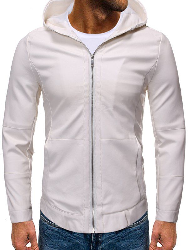 

Solid Color False Leather Hooded Jacket, White