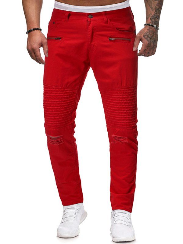 

Pleated Spliced Ripped Solid Color Long Pants, Red