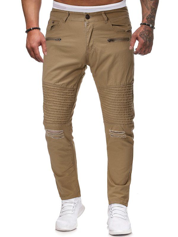 

Pleated Spliced Ripped Solid Color Long Pants, Khaki