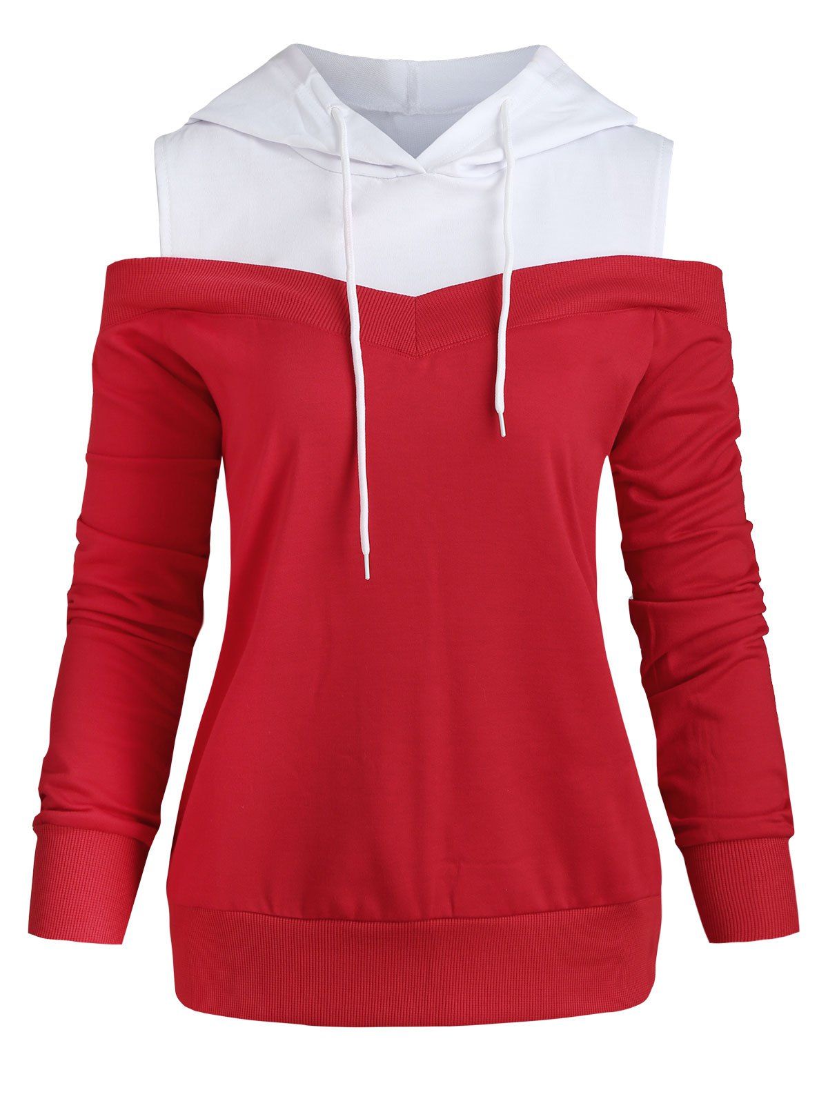 

Cold Shoulder Two Tone Drawstring Hoodie, Red
