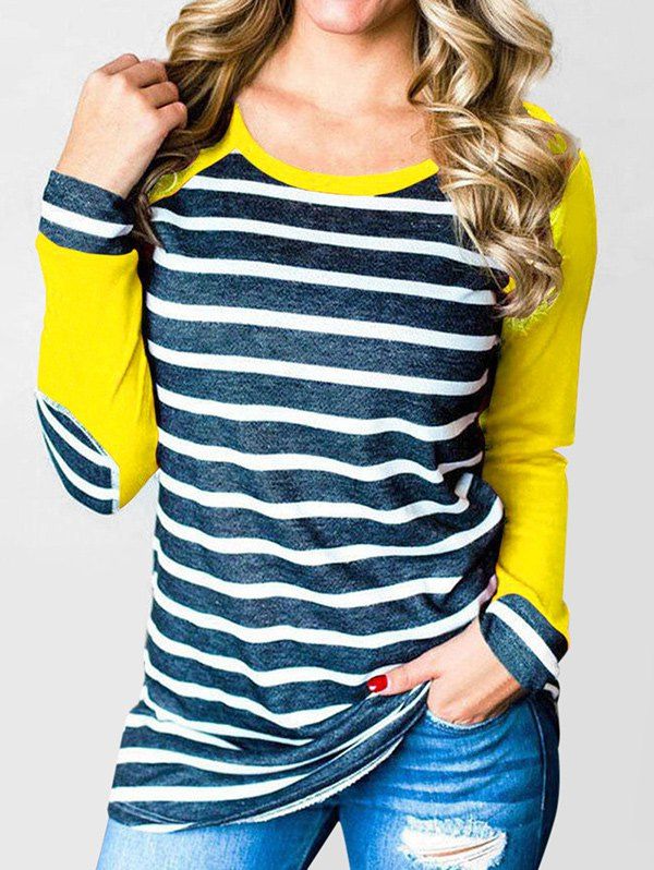 

Striped Elbow Patched Contrast Tee, Yellow