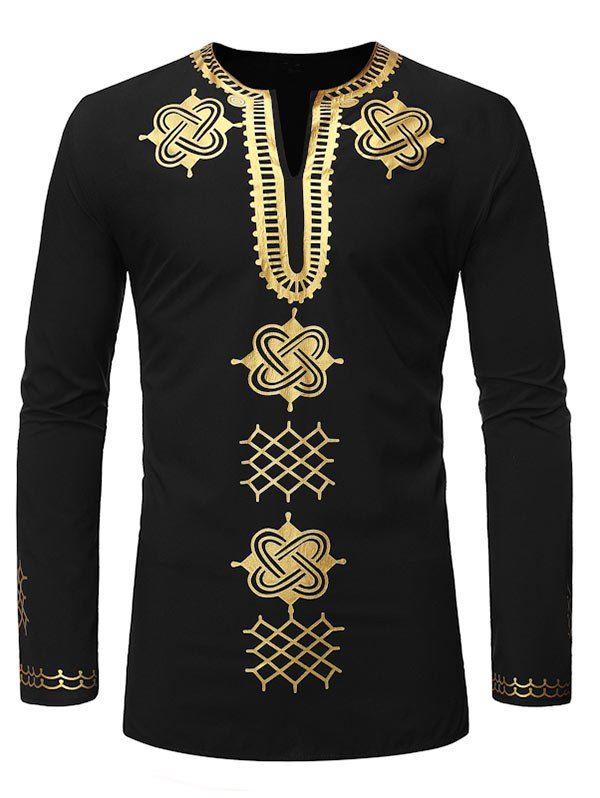 

African Gilding Print Long-sleeved Pullover Shirt, Black