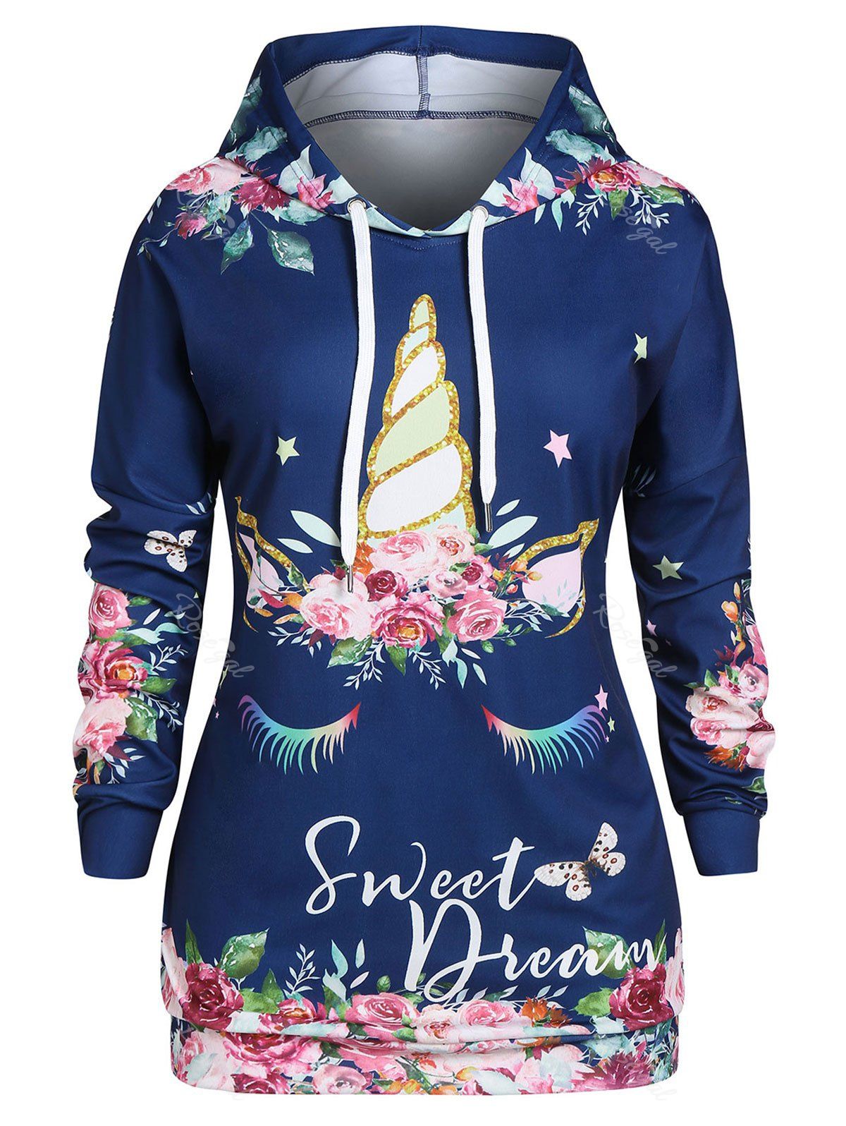 

Plus Size Flower Print Drop Shoulder Drawstring Tunic Hoodie, Multi