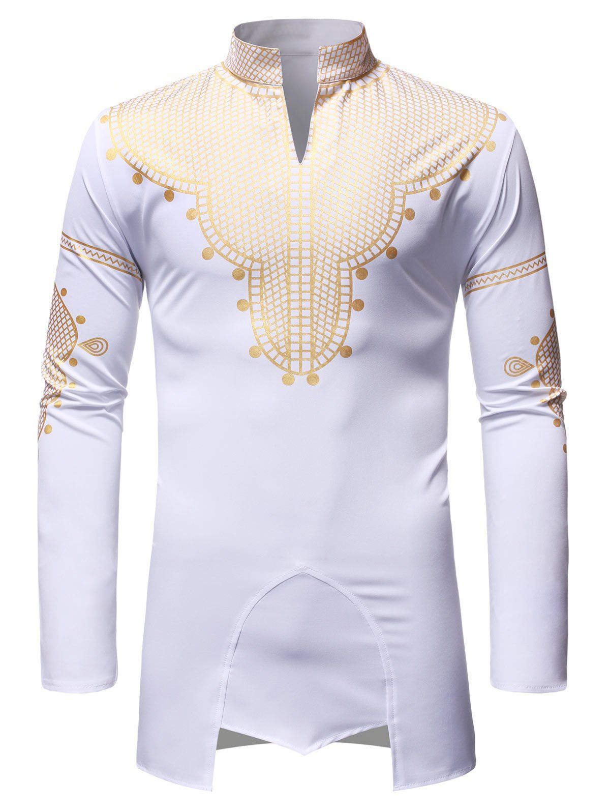

African Gilding Pattern Long-sleeved Stand Collar Shirt, White