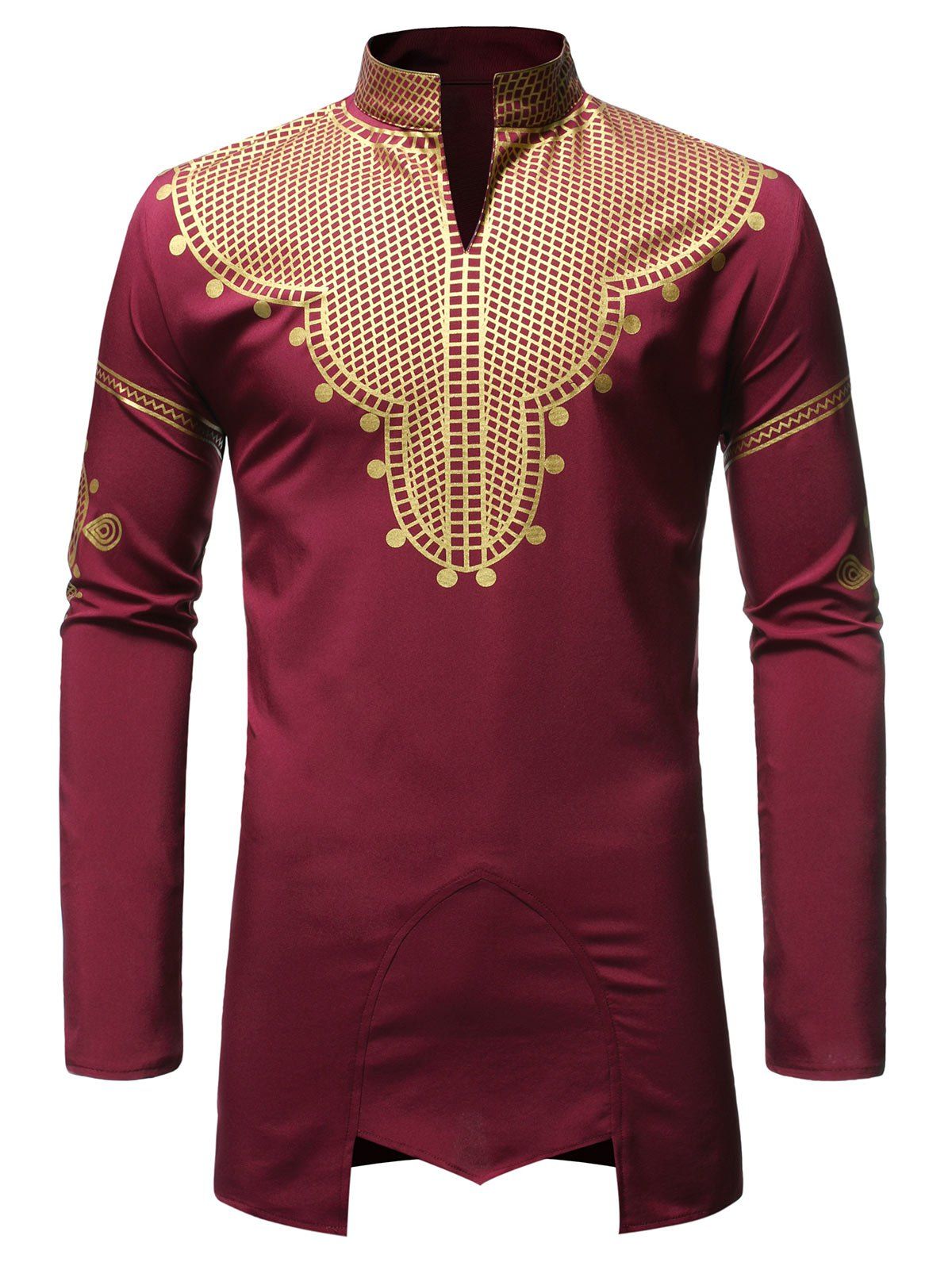 

African Gilding Pattern Long-sleeved Stand Collar Shirt, Red wine