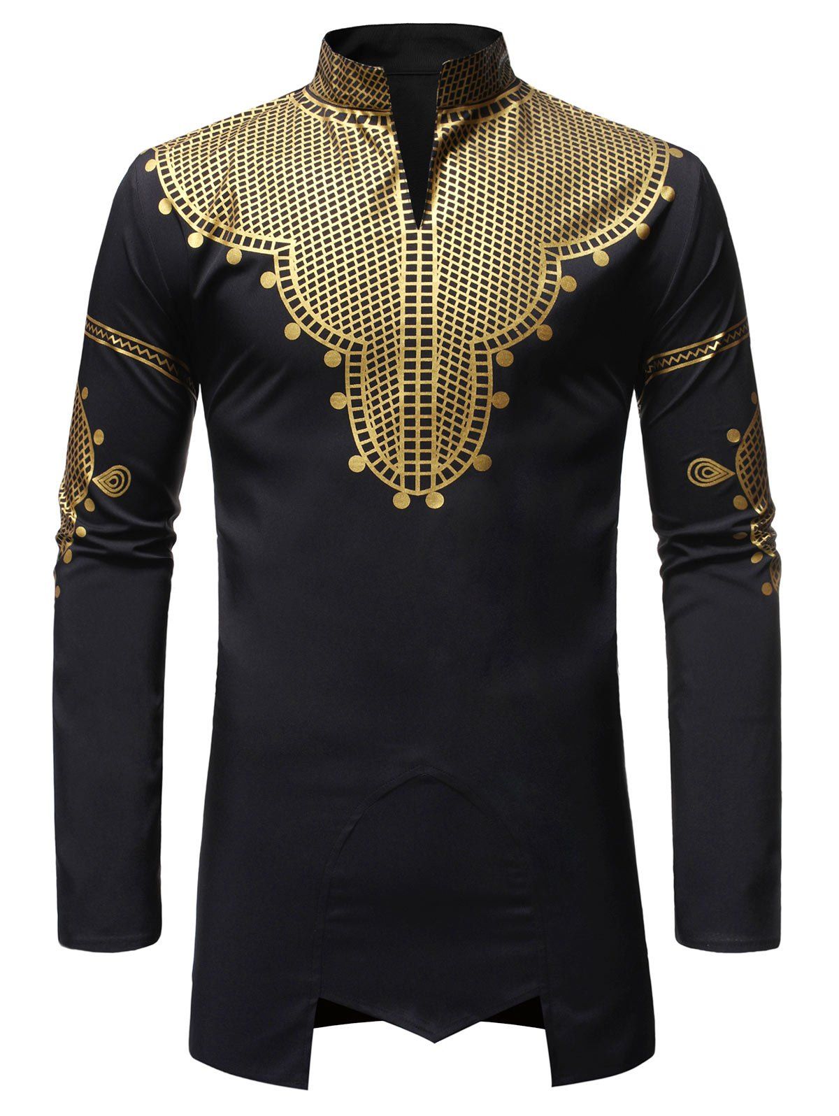 

African Gilding Pattern Long-sleeved Stand Collar Shirt, Black