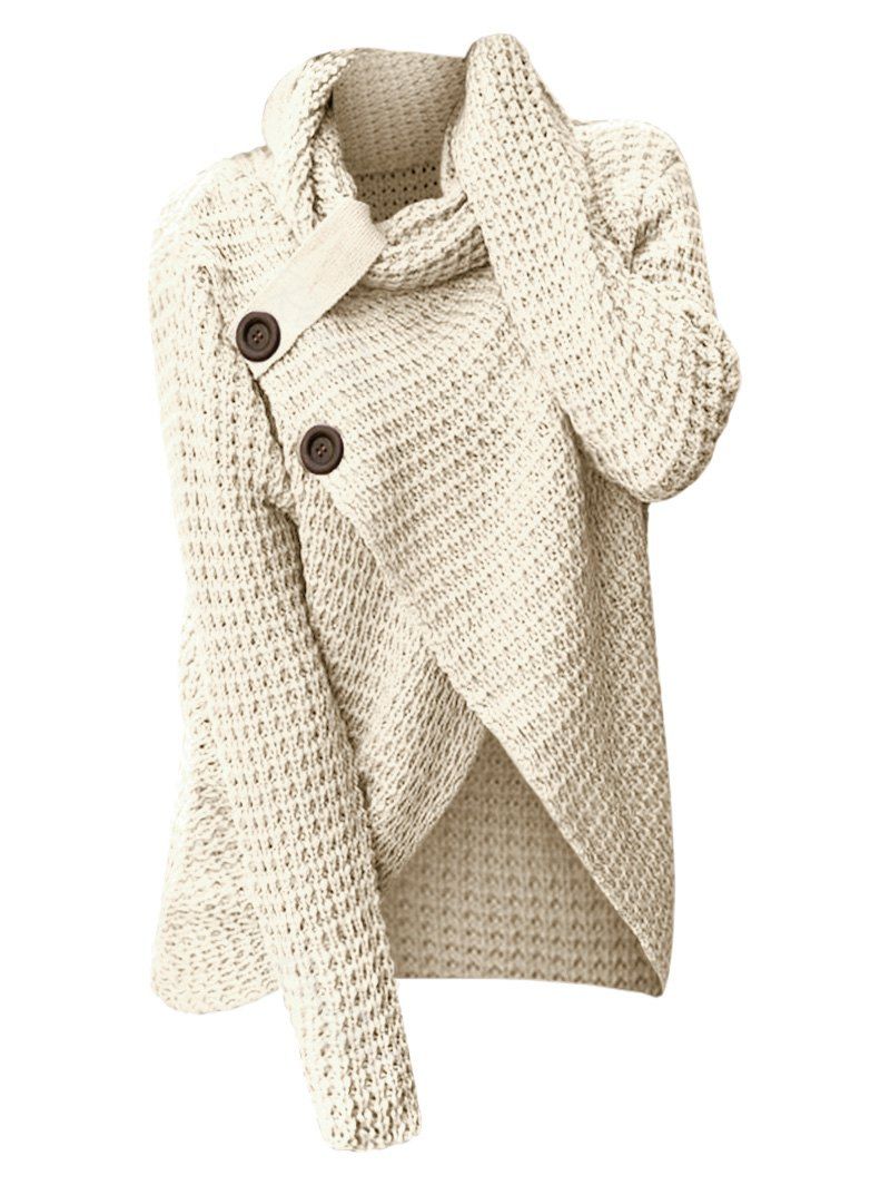 

Plus Size Cowl Neck Buttons Surplice Chunky Sweater, Beige