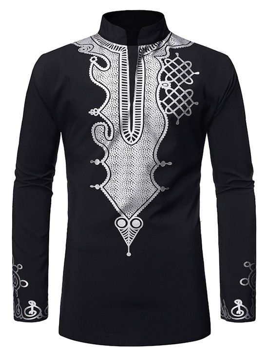 

Stand Collar Gilding Pattern African Style Shirt, Black
