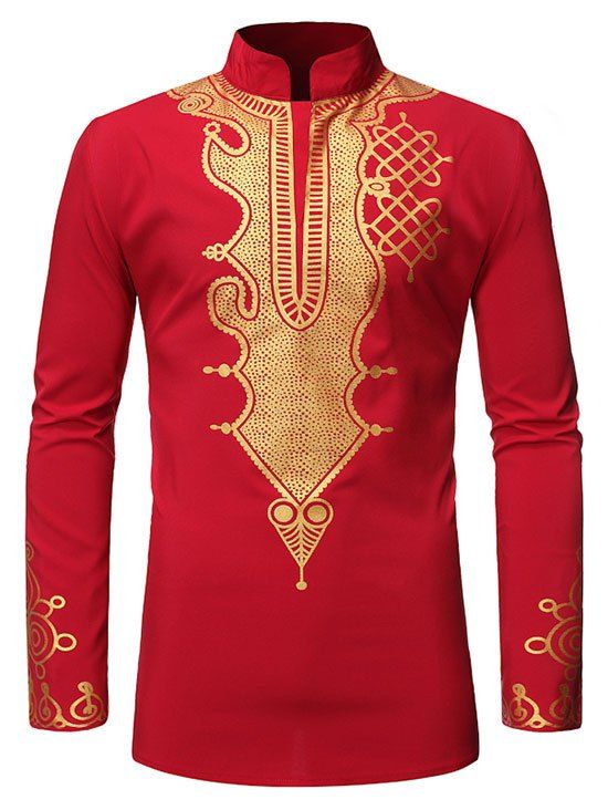 

Stand Collar Gilding Pattern African Style Shirt, Red