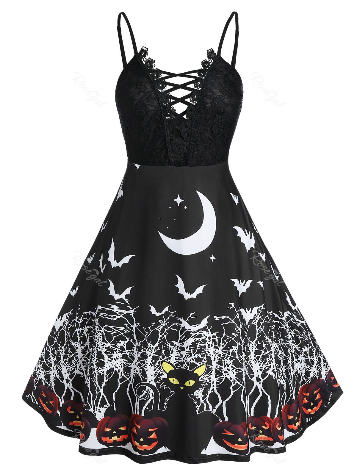 

Plus Size Pumpkin Bat Printed Vintage Halloween Party Dress, Black