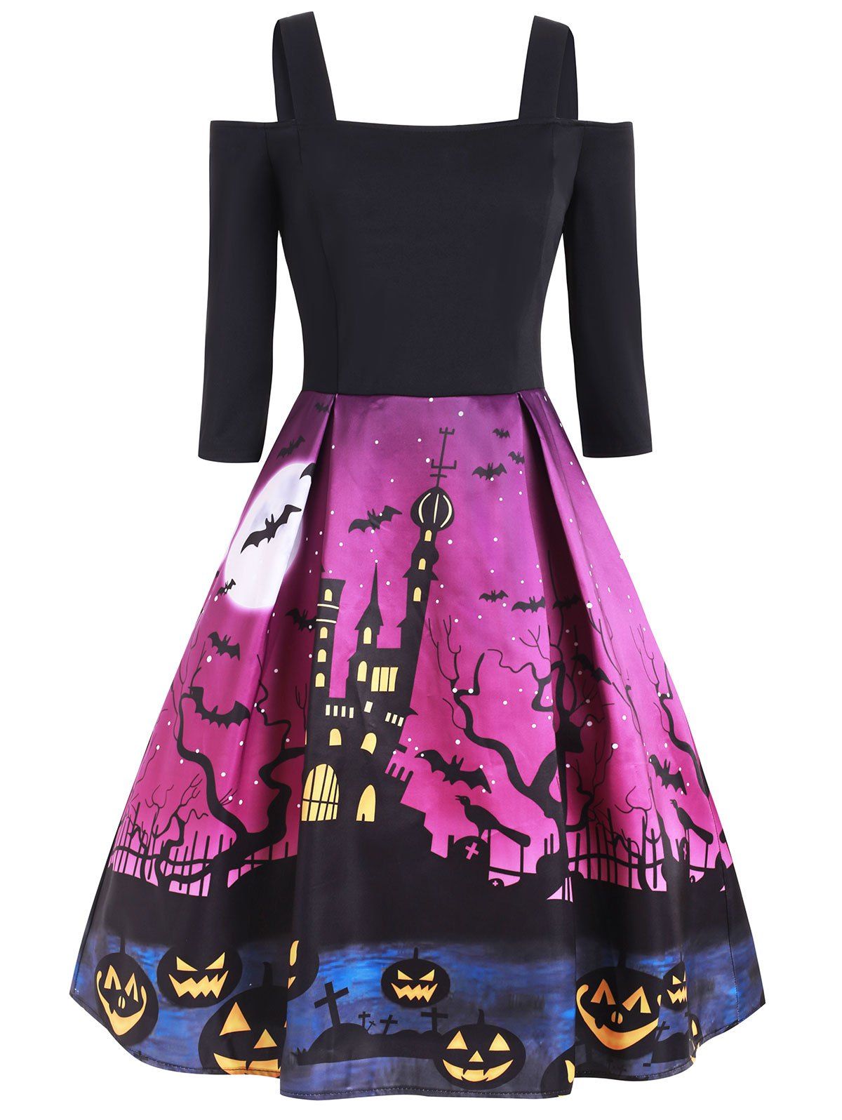 

Halloween Pumpkin Castle Print Open Shoulder Dress, Multi