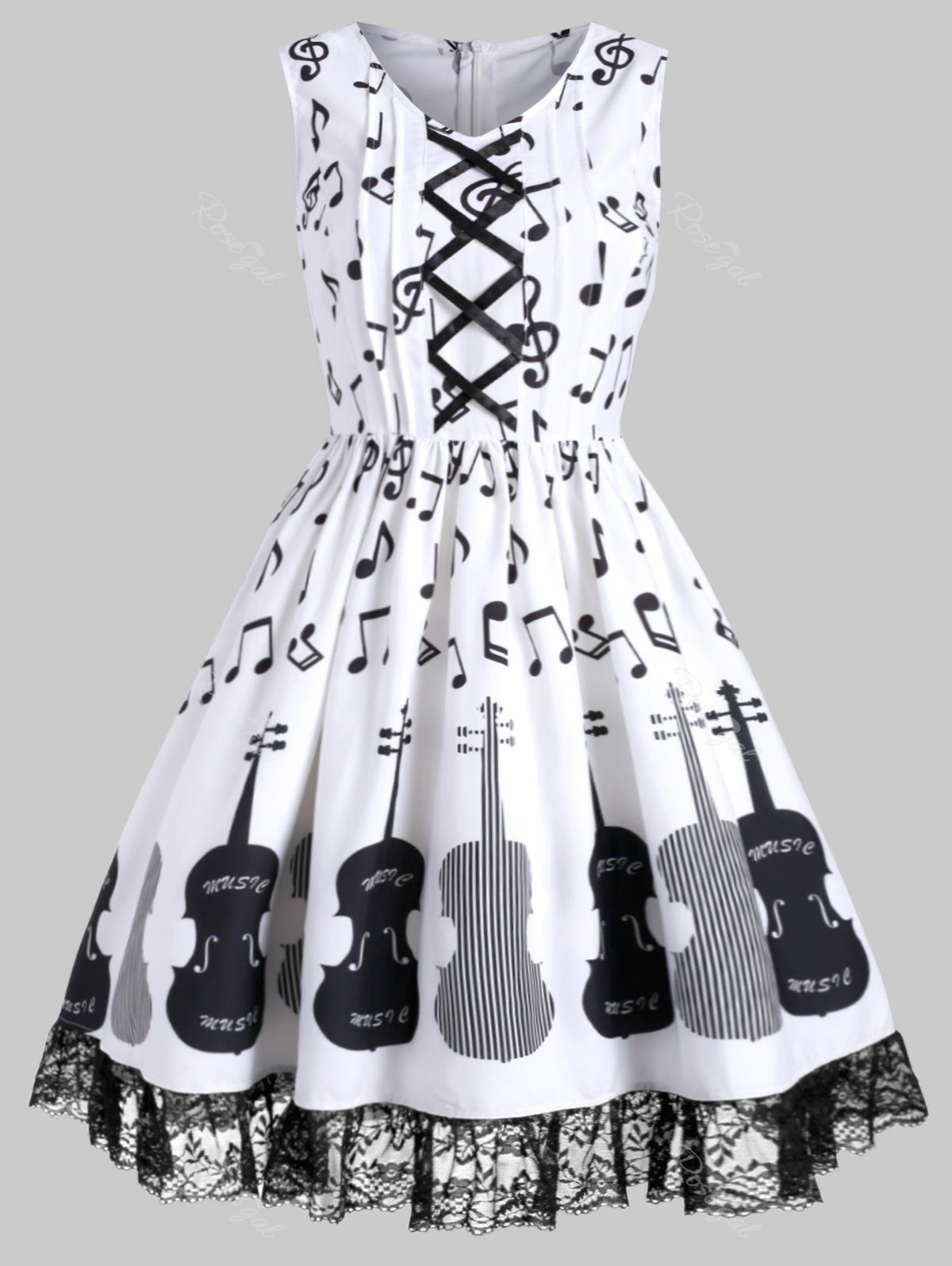 

Lattice Lace Panel Musical Note Print Plus Size Dress, White