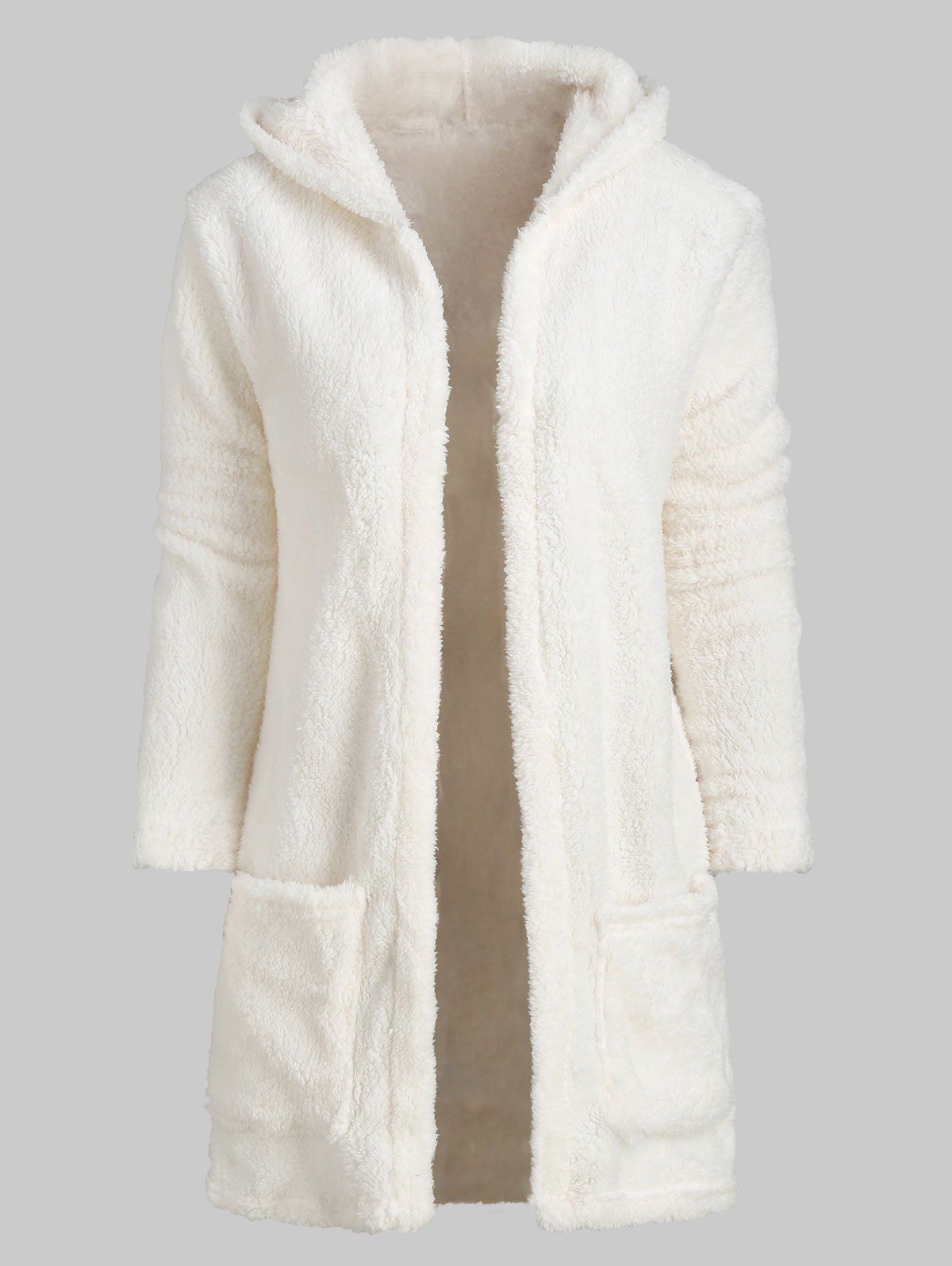 

Solid Color Fluffy Longline Hooded Coat, White