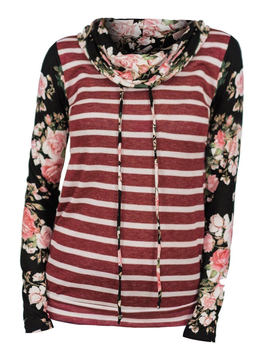 

Striped Flower Print Cowl Neck Long Sleeve Tee, Red wine