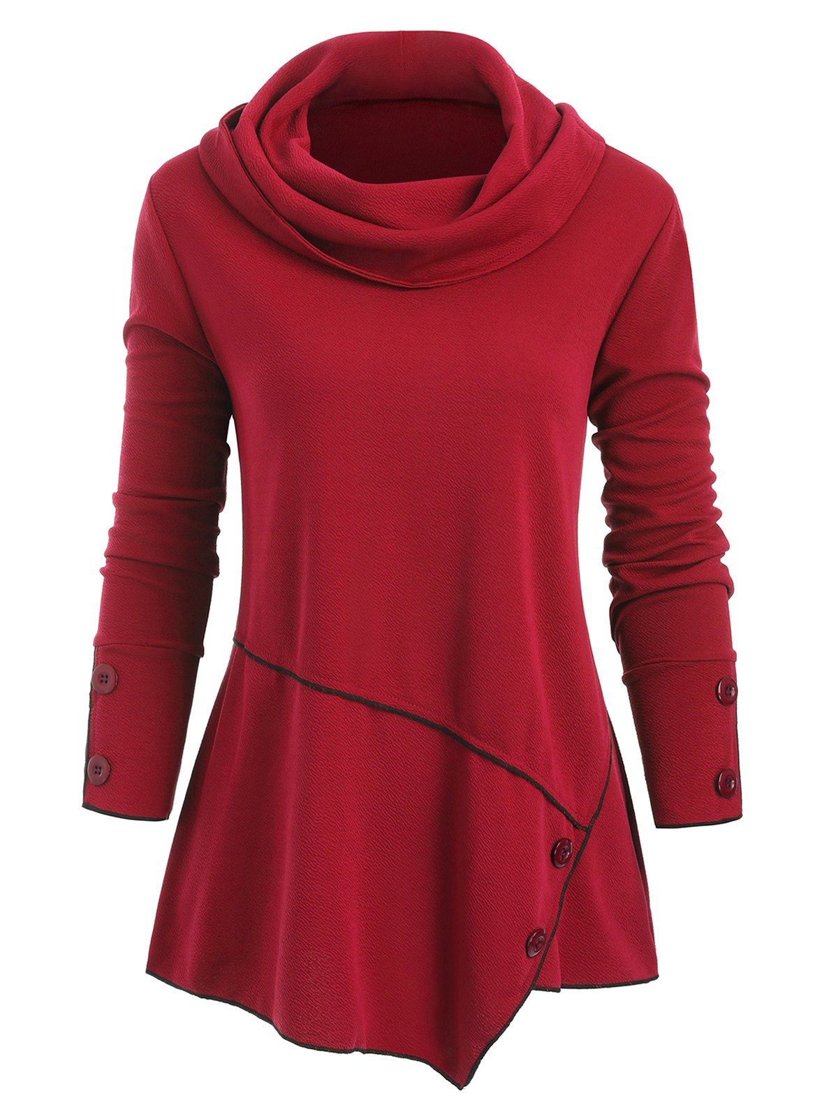 

Cowl Neck Buttons Long Sleeves Top, Red wine