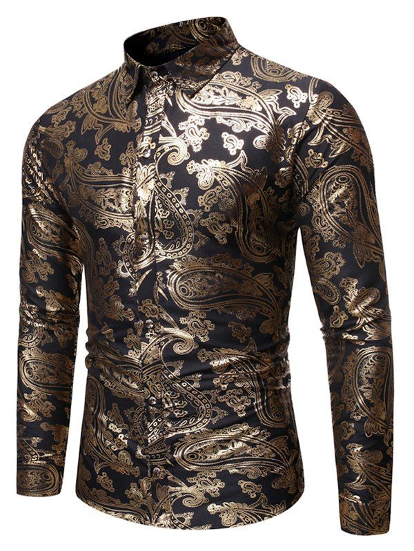 

Gilding Paisley Print Button Up Slim Fit Shirt, Black