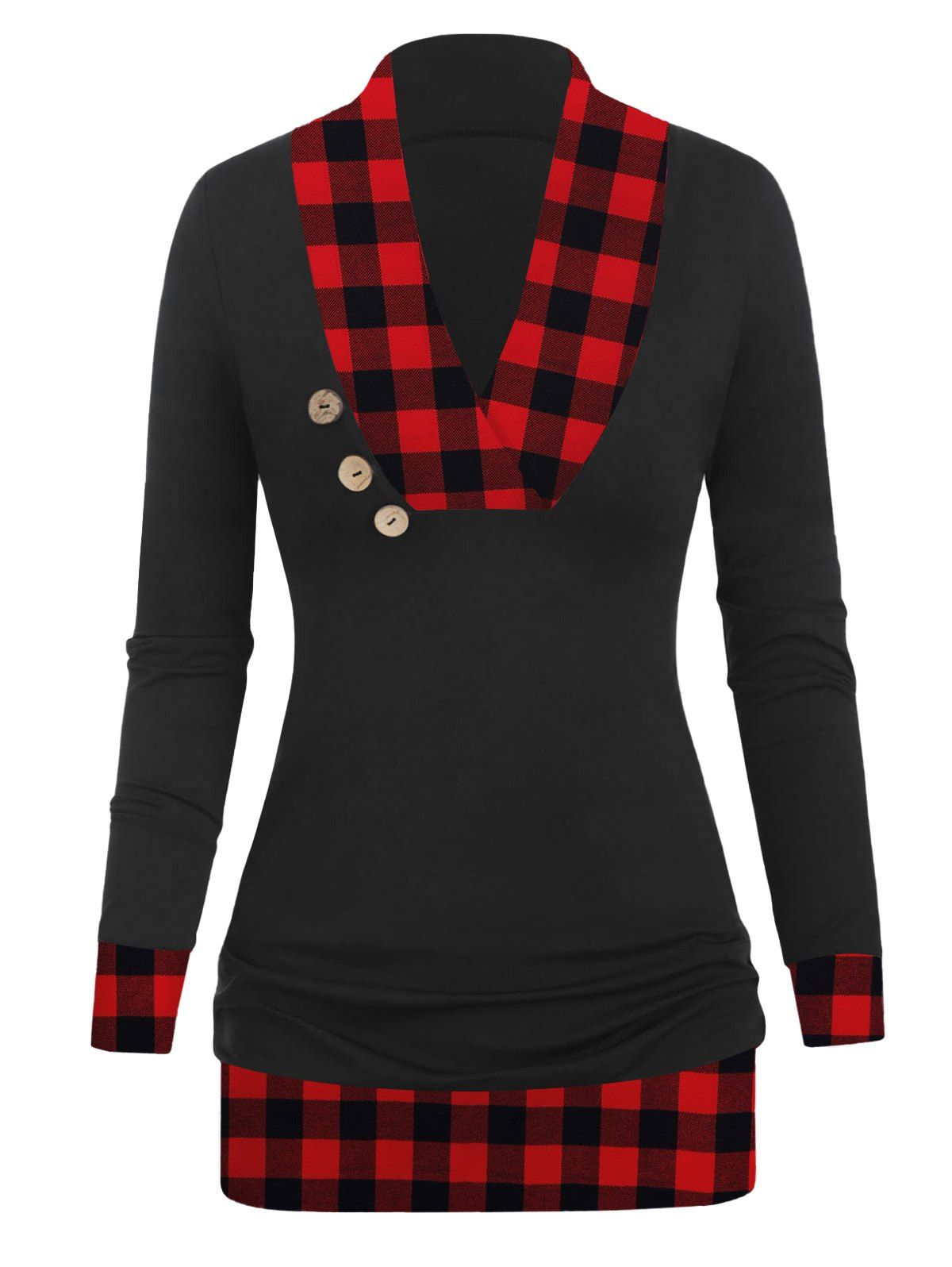 

V Neck Plaid Panel Ruched T Shirt, Black