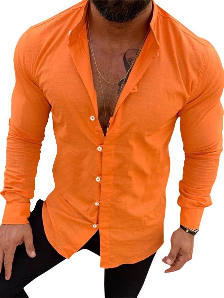 

Solid Color Long Sleeve Button Casual Shirt, Dark orange