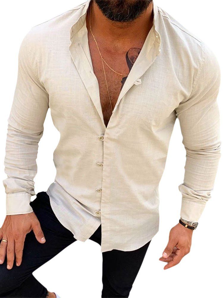 

Solid Color Long Sleeve Button Casual Shirt, Beige