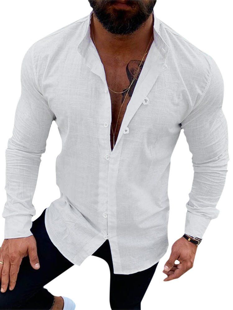 

Solid Color Long Sleeve Button Casual Shirt, White