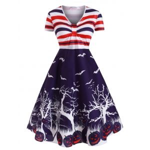 

Stripes Pumpkin Bat Print Halloween Plus Size Dress, Purple