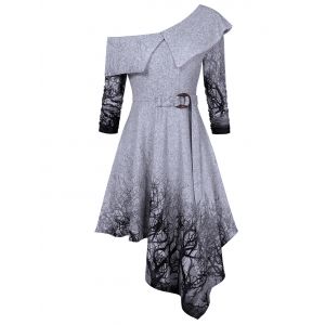 

Tree Print Skew Collar Asymmetrical Dress, Black