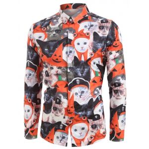 

Animal Cat Print Button Up Long Sleeves Shirt, Multi a