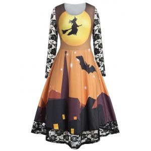

Plus Size Halloween Castle Bat Print Lace Panel Sheer Vintage Dress, Sun yellow