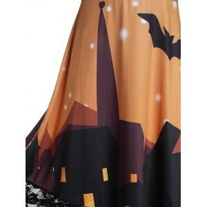 

Plus Size Halloween Castle Bat Print Lace Panel Sheer Vintage Dress, Sun yellow