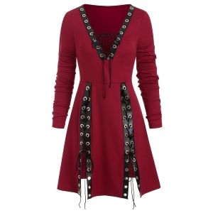 

Grommet Lace Up Slit Long Sleeve Plunge Tee, Red wine