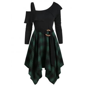 

Plaid Skew Neck Flounce Asymmetrical Dress, Black