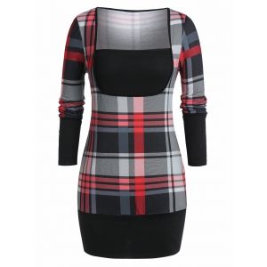 

Plus Size Square Collar Plaid Blouson T Shirt, Black
