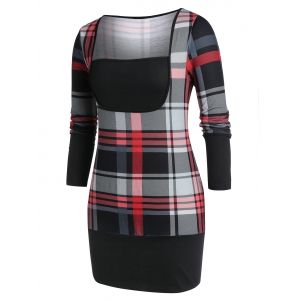 

Plus Size Square Collar Plaid Blouson T Shirt, Black