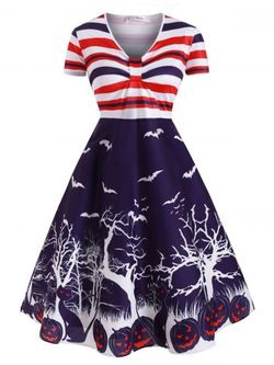 Stripes Pumpkin Bat Print Halloween Plus Size Dress - PURPLE - 4X