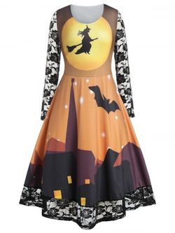 Plus Size Halloween Castle Bat Print Lace Panel Sheer Vintage Dress - SUN YELLOW - 2X