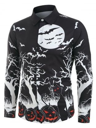 Chemise d'Halloween Boutonnée Citrouille Nuit Imprimée à Manches Longues